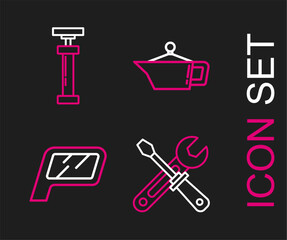 Poster - Set line Screwdriver and wrench tools, Car mirror, Canister for motor machine oil and icon. Vector