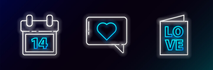 Poster - Set line Valentines day party flyer, Calendar with February 14 and Like and heart icon. Glowing neon. Vector