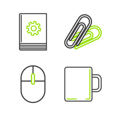 Poster - set line coffee cup, computer mouse, paper clip and user manual icon. vector