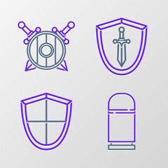 Poster - set line cartridges, shield, medieval shield with sword and wooden crossed swords icon. vector