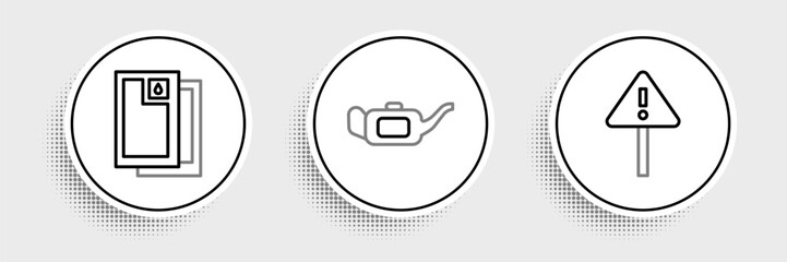 Poster - Set line Exclamation mark in triangle, Barrel oil and Canister for motor icon. Vector