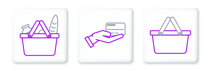 Poster - Set line Shopping basket, and food and Human hand holding with credit card icon. Vector