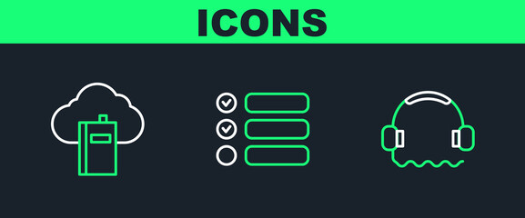 Poster - Set line Headphones, Cloud or online library and Task list icon. Vector