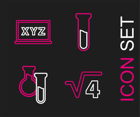 Poster - Set line Square root of 4 glyph, Test tube and flask, and XYZ Coordinate system icon. Vector