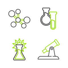 Poster - Set line Telescope, Test tube and flask, and Molecule icon. Vector