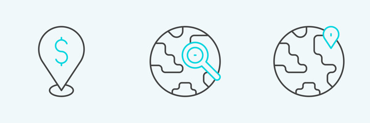 Poster - Set line Location on the globe, Cash location and Magnifying glass with icon. Vector