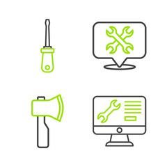 Aufkleber - Set line Computer monitor service, Wooden axe, Location with wrench and Screwdriver icon. Vector