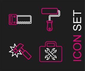 Poster - Set line Toolbox, Hammer, Paint roller brush and Hand saw icon. Vector