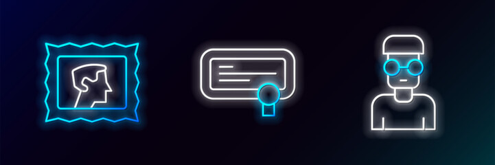 Poster - Set line Nerd geek, Postal stamp and Certificate template icon. Glowing neon. Vector