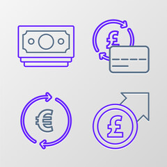 Poster - Set line Financial growth and pound, Coin money with euro symbol, Credit card and Stacks paper cash icon. Vector