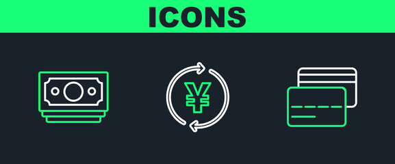 Poster - Set line Credit card, Stacks paper money cash and Coin with Yen icon. Vector