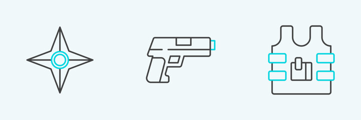 Poster - set line bulletproof vest, japanese ninja shuriken and pistol or gun icon. vector
