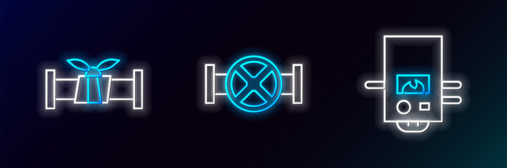 Poster - Set line Gas boiler, Industry metallic pipe and and valve icon. Glowing neon. Vector