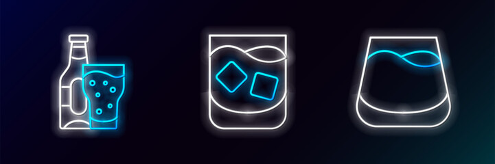 Poster - set line glass of whiskey, beer bottle and glass and icon. glowing neon. vector