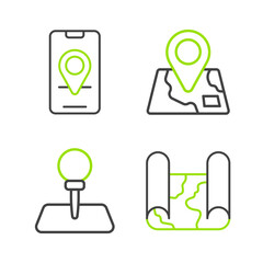 Poster - Set line Folded map, Push pin, with location marker and City navigation icon. Vector