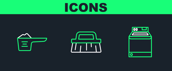 Poster - Set line Washer, Washing powder and Brush for cleaning icon. Vector