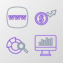 Poster - set line monitor with graph chart, search data analysis, financial growth dollar and website templat