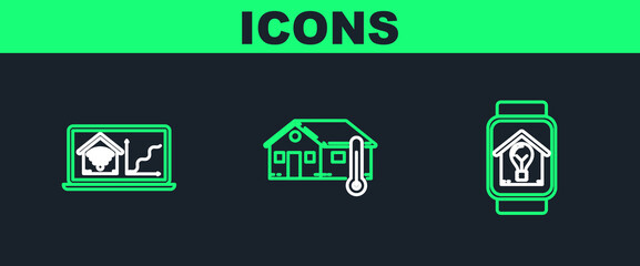 Poster - set line smart watch with smart house and light bulb, laptop home wi-fi and house temperature icon. 