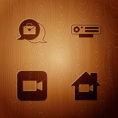 Poster - Set Video camera Off in home, Online working, Camera and Web on wooden background. Vector