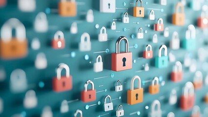 Poster - Numerous locks arranged on a network, with a focus on digital security