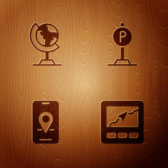 Poster - set gps device with map, earth globe, city navigation and parking on wooden background. vector