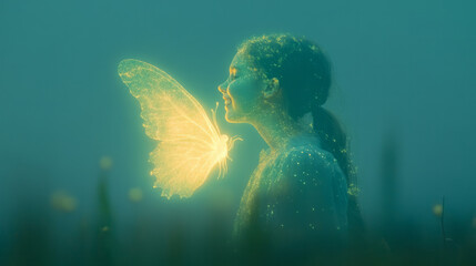 Fototapete - A poetic photography poster of a luminous butterfly in a hazy dreamscape, its wings morphing into