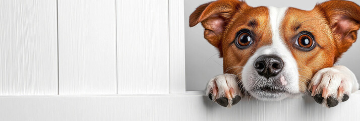 Poster - A high-resolution photo of a Jack Russell Terrier dog looking out from a hole in a white background