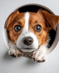 Poster - photo of a playful Jack Russell dog with brown patches, peeking from a small