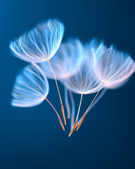 Fototapete - Whispering lines of a love poem formed by floating dandelion seeds, captured in macro with dreamy