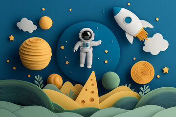 Fototapete - A 3D isometric scene of an astronaut floating in space, surrounded by cheese candy planets with