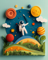 Fototapete - A creative paper quilling 3D render of an astronaut exploring a universe of brightly colored cheese