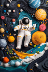 Fototapete - A stylized astronaut in 3D quilling art style, floating in a colorful space environment filled with