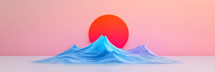 Fototapete - A simple 3D composition of a nostalgic retro wave rising toward a reflective glass sun, designed