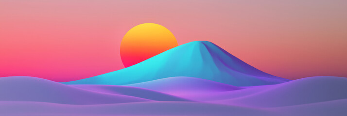 Fototapete - A minimalist retro 3D environment with a polygonal terrain, a glowing sun, and subtle synthwave