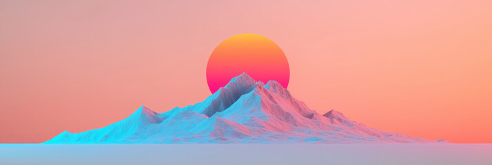 Fototapete - A minimalist retro 3D environment with a polygonal terrain, a glowing sun, and subtle synthwave