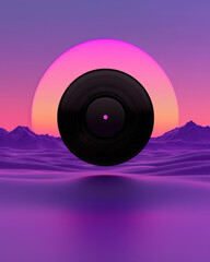 Fototapete - A vinyl record floating above a retro wave horizon, surrounded by neon purple and pink gradients,