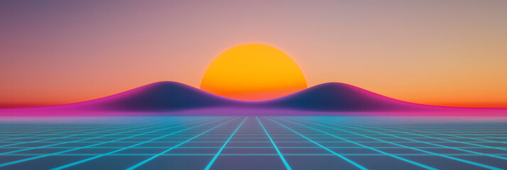 Fototapete - A stylized vinyl record embedded in a glowing grid valley, lit by sunset tones of retro wave pink,