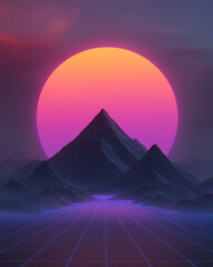Fototapete - A dreamy synthwave landscape with a vinyl record rising behind low-poly mountains and glowing grid