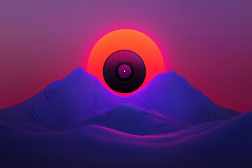 Fototapete - A concept art of a vinyl record orbiting above a digital neon landscape, evoking the golden era of