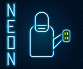Poster - Glowing neon line Watering can icon isolated on black background. Irrigation symbol. Colorful outline concept. Vector