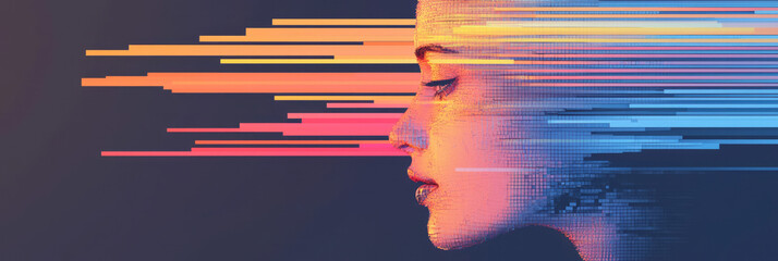 Poster - A conceptual 3D artwork of a fragmented statue face in neon and rainbow hues, dissolving through