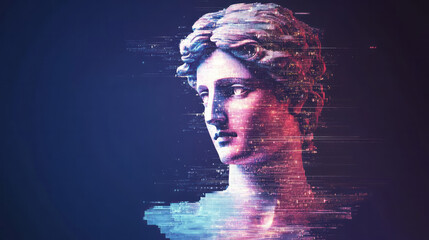 Poster - A glowing multicolor digital bust breaking through a black geometric grid, merging classical art