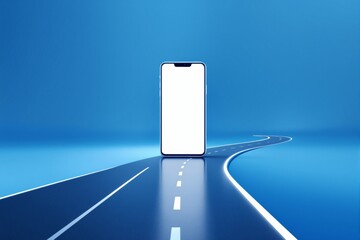Poster - Smartphone with blank screen standing on a road that splits into two directions on a blue background. Concept of technology and decision-making.