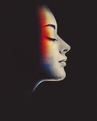Poster - A rainbow-hued digital sculpture face appearing distorted by glitch effects within a black grid