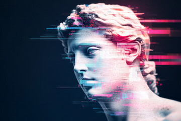 Poster - A neon-hued statue profile breaking into layered data distortion across a black grid, merging