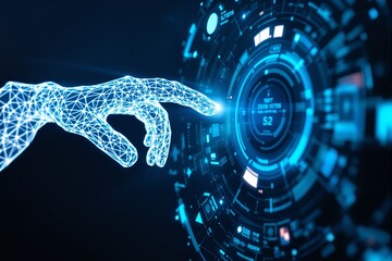 Poster - Futuristic digital interface with wireframe hand interacting with a high-tech HUD.