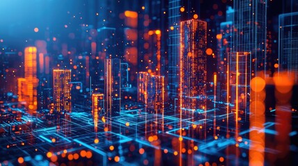 Poster - Motion blur city in a digital future with technology panorama concept. Futuristic cityscape with glowing lines and vibrant colors.