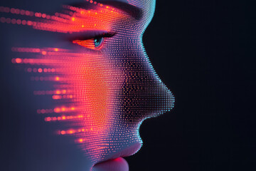 Poster - A high-contrast concept image of a colorful digital sculpture face flickering in and out of