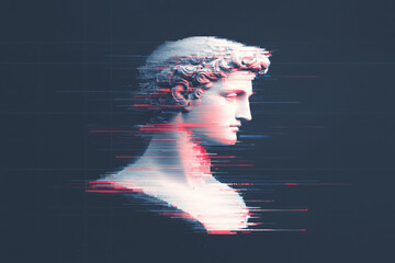 Poster - A surreal classical bust reconstructed with digital brushstrokes and chromatic glitch lines over a