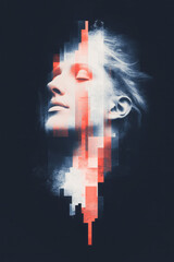Poster - A vivid digital sculpture face in bold RGB glitch tones emerging from a dark grid, blending